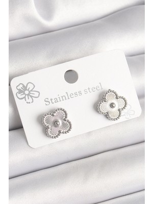 Krm Pirinç Gümüş Renk Işlemeli Yonca Model Kadın Küpe Krm