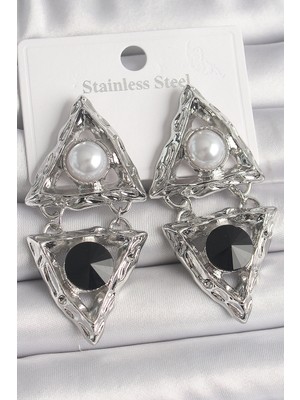 Krm Pirinç Gümüş Renk Sallantı Üçgen Model Inci Detay Kadın Küpe Krm