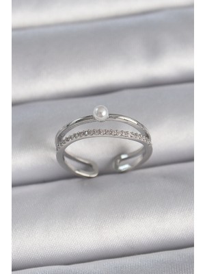 Krm Pirinç Gümüş Renk Zirkon Taşlı Inci Detay Ayarlanabilir Model Kadın Yüzük Krm