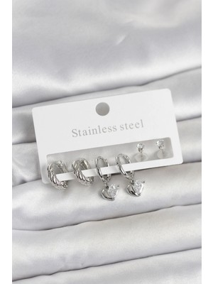 Krm 316L Çelik Gümüş Renk Kalp Detaylı Kadın Küpe Seti Krm