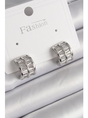 Krm Pirinç Gümüş Renk Çift Sıra Zirkon Taşlı Kadın Küpe Krm