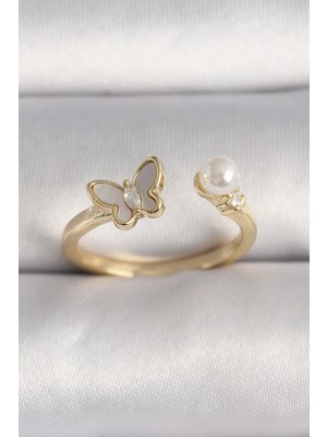 Krm Pirinç Gold Renk Zirkon Taş Detaylı Beyaz Mineli Kelebek Model Inci Detay Ayarlanabilir Yüz