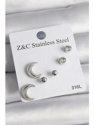 Krm 316L Çelik Gümüş Renk Zirkon Taşlı Hilal Model Kadın Küpe Seti Krm