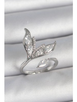 Krm Pirinç Gümüş Renk Zirkon Taşlı Balık Kuyruğu Model Ayarlanabilir Kadın Yüzük Krm