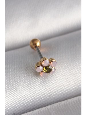 Krm 316L Çelik Gold Renk Zirkon Taşlı Çiçek Tragus Piercing Krm