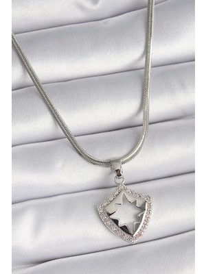 Krm 316L Çelik Gümüş Renk Italyan Zincir Zirkon Taşlı Kutup Yıldızı Işleme Model Kadın