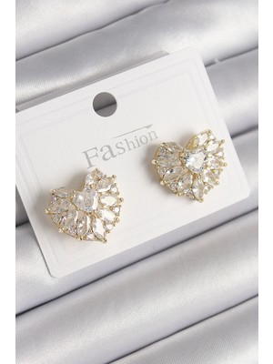 Krm Pirinç Gold Renk Zirkon Taşlı Kalp Model Kadın Küpe Krm