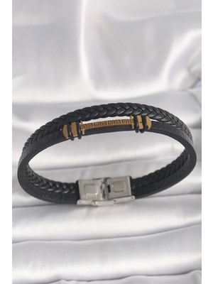 Krm 316L Çelik Gold Renk Zikzak Işlemeli Aksesuarlı Çift Sıra Burgu Desenli Deri Kordon Erkek