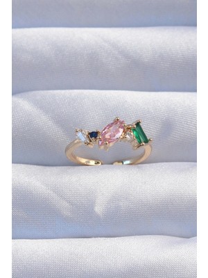 Krm Pirinç Gold Renk Renkli Zirkon Taşlı Ayarlanabilir Yüzük Krm