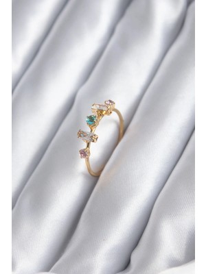 Krm Gold Renk Zirkon Taşlı Renkli Zirkon Taşlı Kadın Yüzük Krm