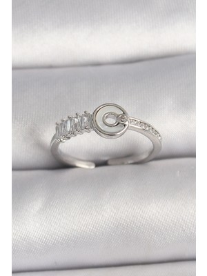 Krm Pirinç Gümüş Renk Zirkon Taşlı Ayarlanabilir Kadın Yüzük Krm