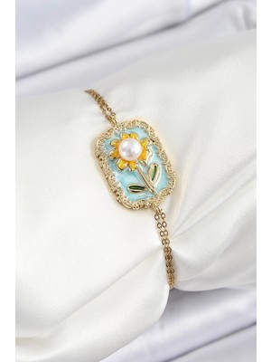 Krm 316L Çelik Zincir Turkuaz Mineli Sanatsal Portre Inci Detaylı Papatya Model Gold Renk Kadın