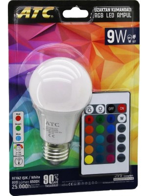 Krm ATC-RGB-9W  Kumandalı   9W=60W  Rgb=16-Renkli LED Ampul E27 800 Lümen 6500K 25.000 Saat Ömür
