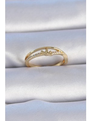 Krm Pirinç Gold Renk Zirkon Taşlı Kalp Model Kadın Yüzük Krm