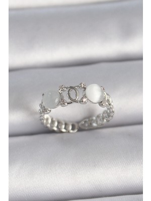 Krm Pirinç Gümüş Renk Ayarlanabilir Zirkon Taşlı Beyaz Mineli Birleşik Halka Model Kadın Yü