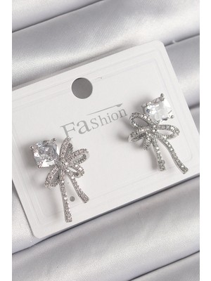 Krm Pirinç Gümüş Renk Zirkon Taşlı Kurdele Model Kadın Küpe Krm