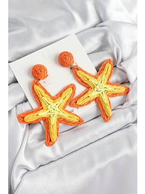 Krm Pirinç Turuncu Deniz Yıldızı Model Gold Renk Kadın Hasır Küpe Krm