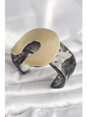 Krm Siyah Mermer Desen Akrilik Plastik Gold Nal Model Plaka Vintage Kadın Bilezik Krm