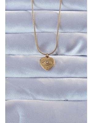 Krm 316L Altın Renk Zirkon Taşlı Işlemeli Göz Detay Kalp Kolye Krm