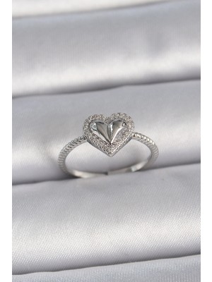 Krm Pirinç Gümüş Renk Ayarlanabilir Zirkon Taşlı Kalp Model Kadın Yüzük Krm