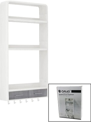 Krm Beyaz Yapışkanlı Duvar Organizeri Plastik 3 RAF=14CM-19CM-30CM - 2 ÇEKMECE=40CM - 6 Askı 19