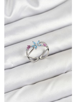 Krm Pirinç Gümüş Renk Zirkon Taşlı Mavi Çiçekli Kadın Yüzük Krm