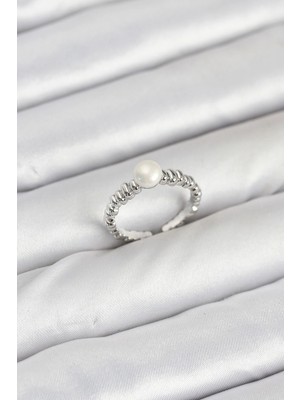 Krm Pirinç Gümüş Renk Göbek Inci Model Kadın Yüzük Krm