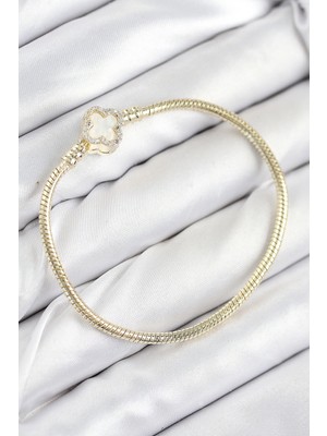 Krm Pirinç Charm Zirkon Taşlı Yonca Model Gold Renk Kadın Bileklik Krm