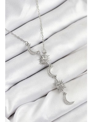 Krm 316L Çelik Zirkon Taşlı Güneş ve Ay Model Gümüş Renk Kadın Kolye Krm