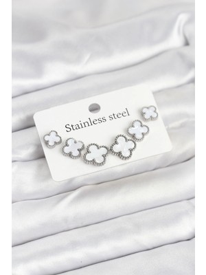 Krm 316L Çelik Gümüş Beyaz Renk 3 Boy Yonca Küpe Seti Krm