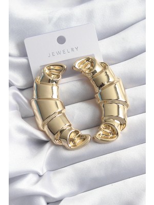 Krm Pirinç Gold Renk Kruvasan Model Kadın Küpe Krm