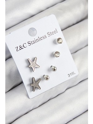 Krm 316L Çelik Zirkon Taşlı Deniz Yıldızı Model Gümüş Renk Kadın Set Küpe Krm