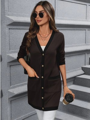 Beruflic Kadın Uzun Kollu Cepli Önden Düğmeli Uzun Modal Ceket Hırka