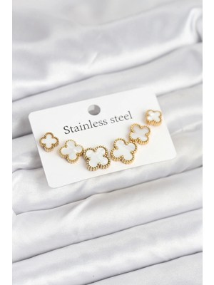 Krm 316L Çelik Gold Beyaz Renk 3 Boy Yonca Küpe Seti Krm