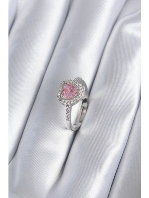 Krm Pirinç Gümüş Renk Pembe Zirkon Taş Kalp Charm Model Kadın Yüzük Krm