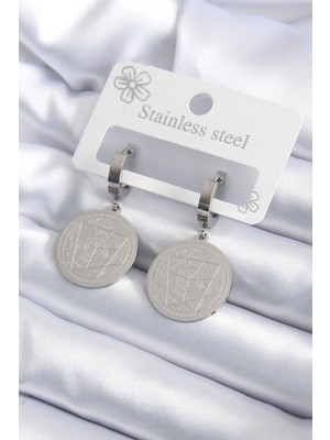 Krm 316L Çelik Gümüş Renk Pentagram Işleme Model Kadın Küpe Krm