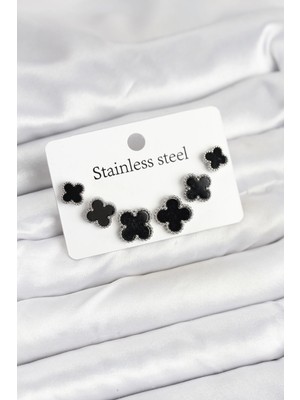 Krm 316L Çelik Gümüş Siyah Renk 3 Boy Yonca Küpe Seti Krm