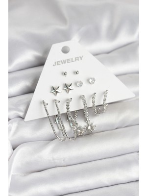 Krm Pirinç Gümüş Renk Küpe Seti 6'lı Krm