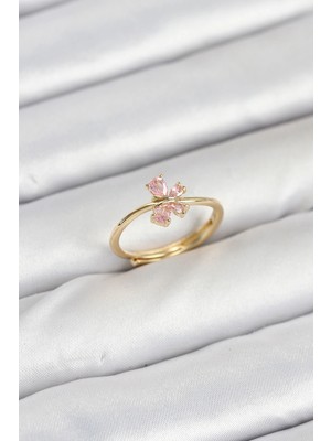 Krm Pirinç Gold Renk Pembe Kelebek Kadın Yüzük Krm