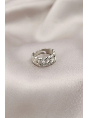 Krm Gümüş Renk Metal Zincir Model Taşlı Kadın Yüzük Krm