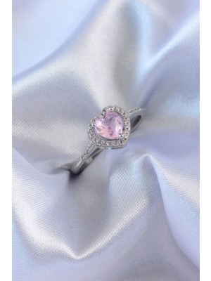 Krm Gümüş Renk Pembe Zirkon Taşlı Kalp Charm Model Pirinç Kadın Yüzük Krm