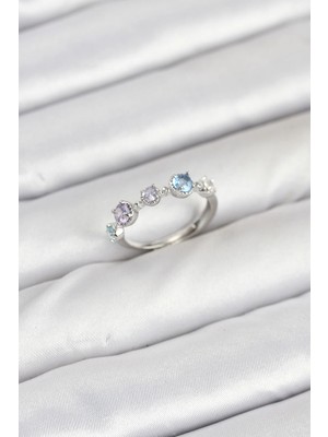 Krm Pirinç Gümüş Renk Renkli Zirkon Taşlı Kadın Yüzük Krm