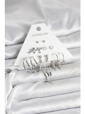 Krm Pirinç Gümüş Renk 6'lı Kadın Küpe Seti Krm