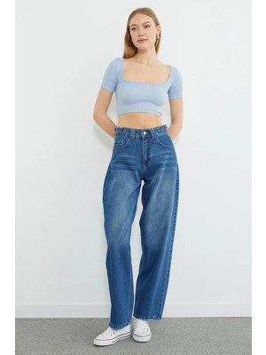 FullaModa Beli Tokalı Yüksek Bel Baggy Jean