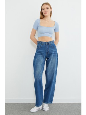 FullaModa Beli Tokalı Yüksek Bel Baggy Jean