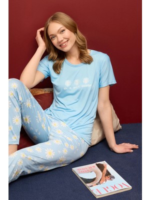 FullaModa Papatya Desenli Bisiklet Yaka Pijama Takımı