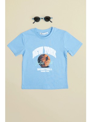FullaModa Basketbaal Baskılı Bisiklet Yaka Erkek Çocuk Tişört