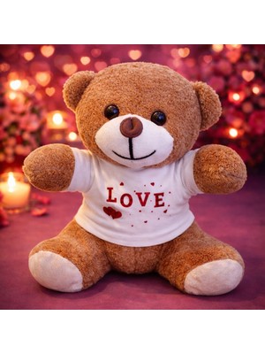 Masa Dostu Love Baskılı Tişörtlü Kahverengi Peluş Ayıcık