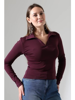 Modaplaza Kadın Uzun Kol Likralı  Polo Yaka Basıc Body 21938