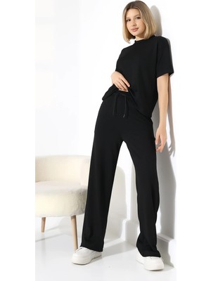 Modaplaza Kadın Yumuşak Dokulu Kısa Kol Tişört Geniş Paça Pantolon Alt Üst Takım 22056